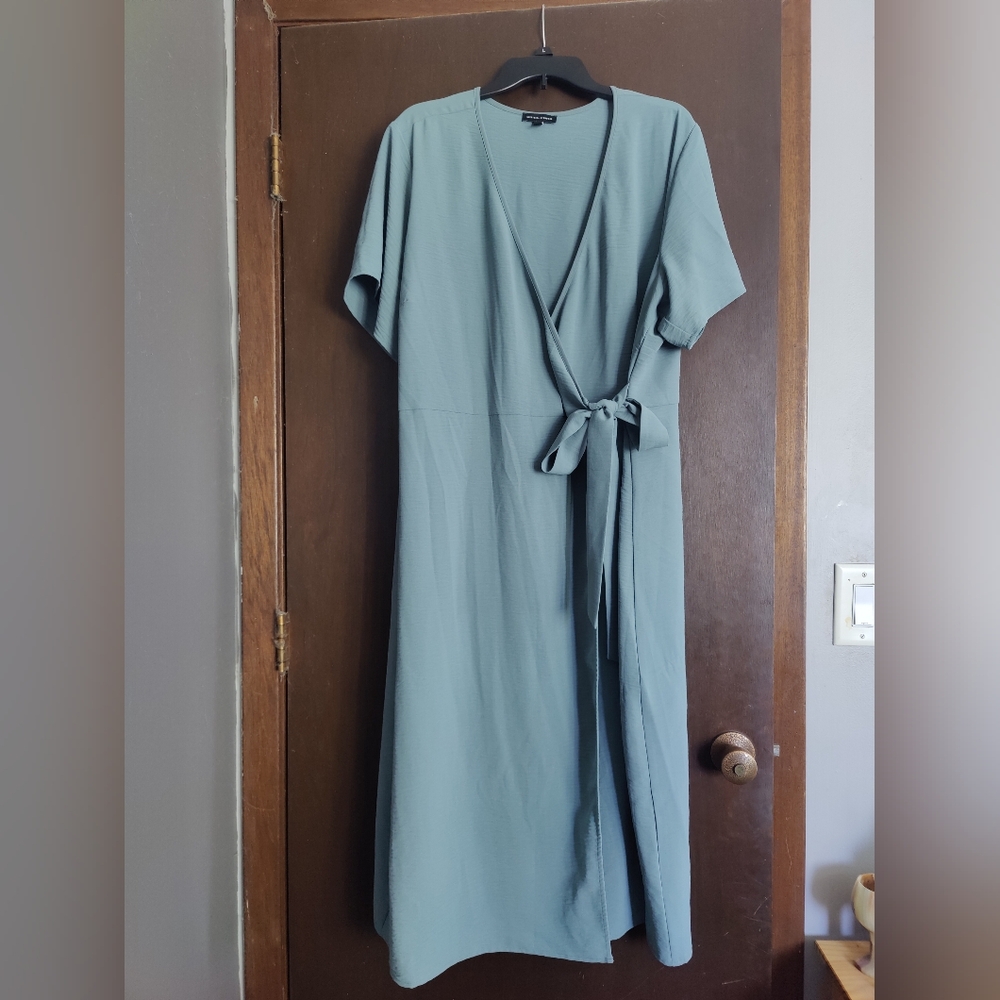 Blue Midi Wrap Dress with Tie Front and V-Neck